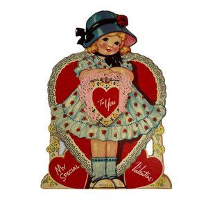 Vintage Die Cut Valentine Card Lace Blond Girl Hat Hearts Floral Dress Red USA